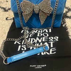 NEW RARE The Kensington Kurt Geiger Blue Velvet Bag with Rhinestone Bow